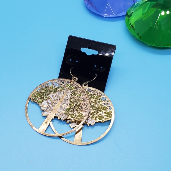 Tree of Life graphic pierced earrings gold tone green and white detail dangly - Picture 2 of 6